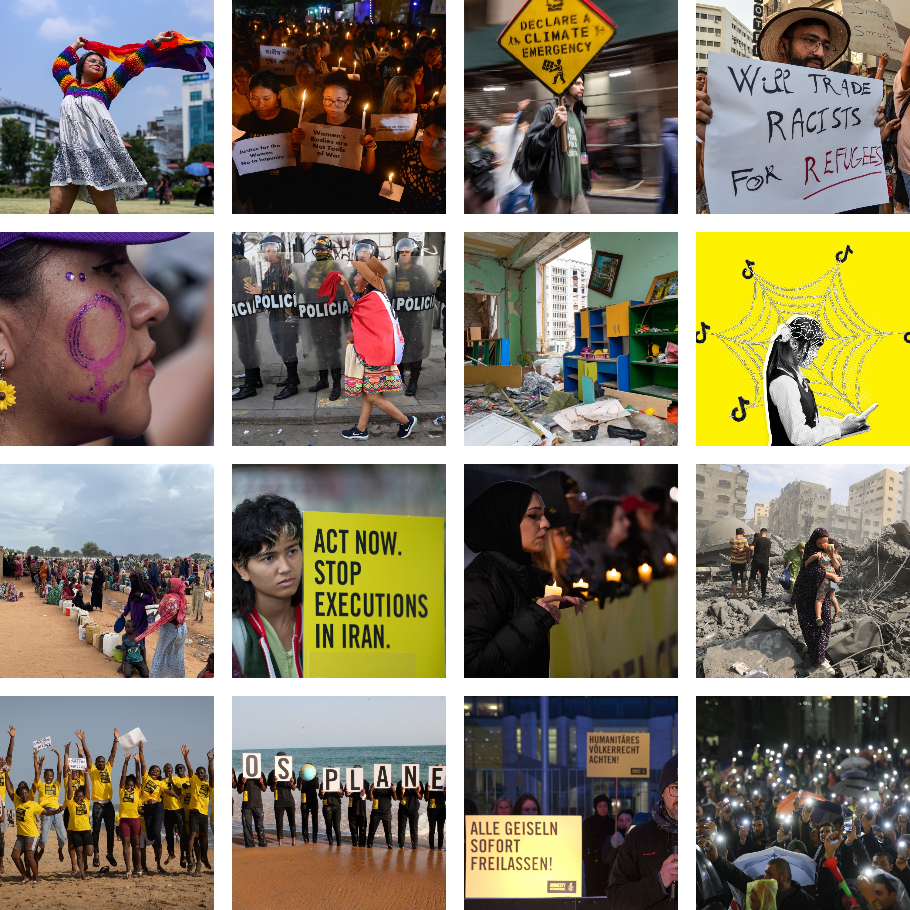 © AFP via Getty Images, Luisa Balaban, Getty Images, Anadolu Agency via Getty Images, Ernesto Benavides/AFP via Getty Images, Aphotografia/Getty Images, Hasan Mrad/DeFodi Images via Getty Images, NurPhoto via Getty Images / Collage: Amnesty International